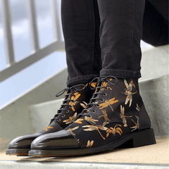 lovevop Men British Style Cap Toe Splicing Dragonflies Printed Cloth Ankle Jack Boots