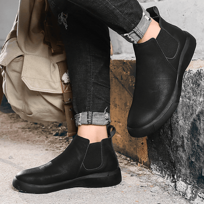 lovevop Men Comfy Cowhide Leather Non Slip Elastic Slip on Casual Chelsea Boots