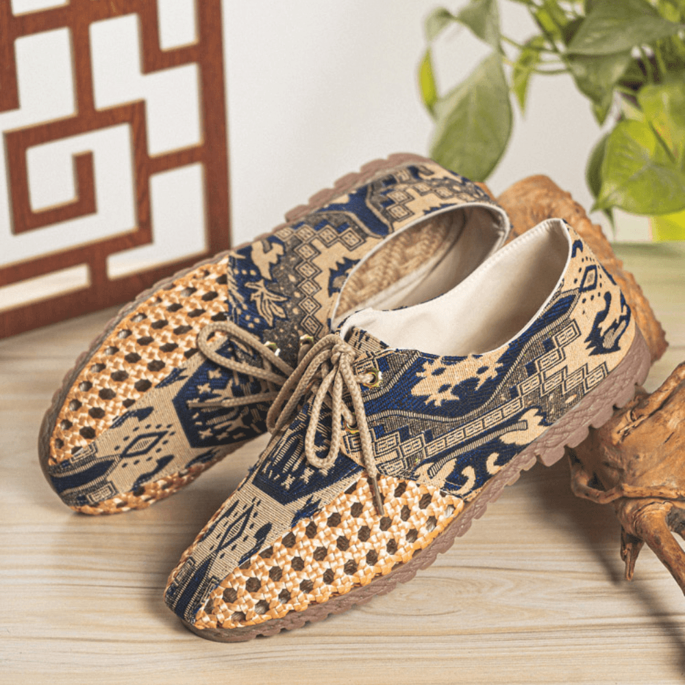 lovevop Men Hollow Out Woven Breathable Non Slip Chinese Style Pattern Casual Canvas Shoes
