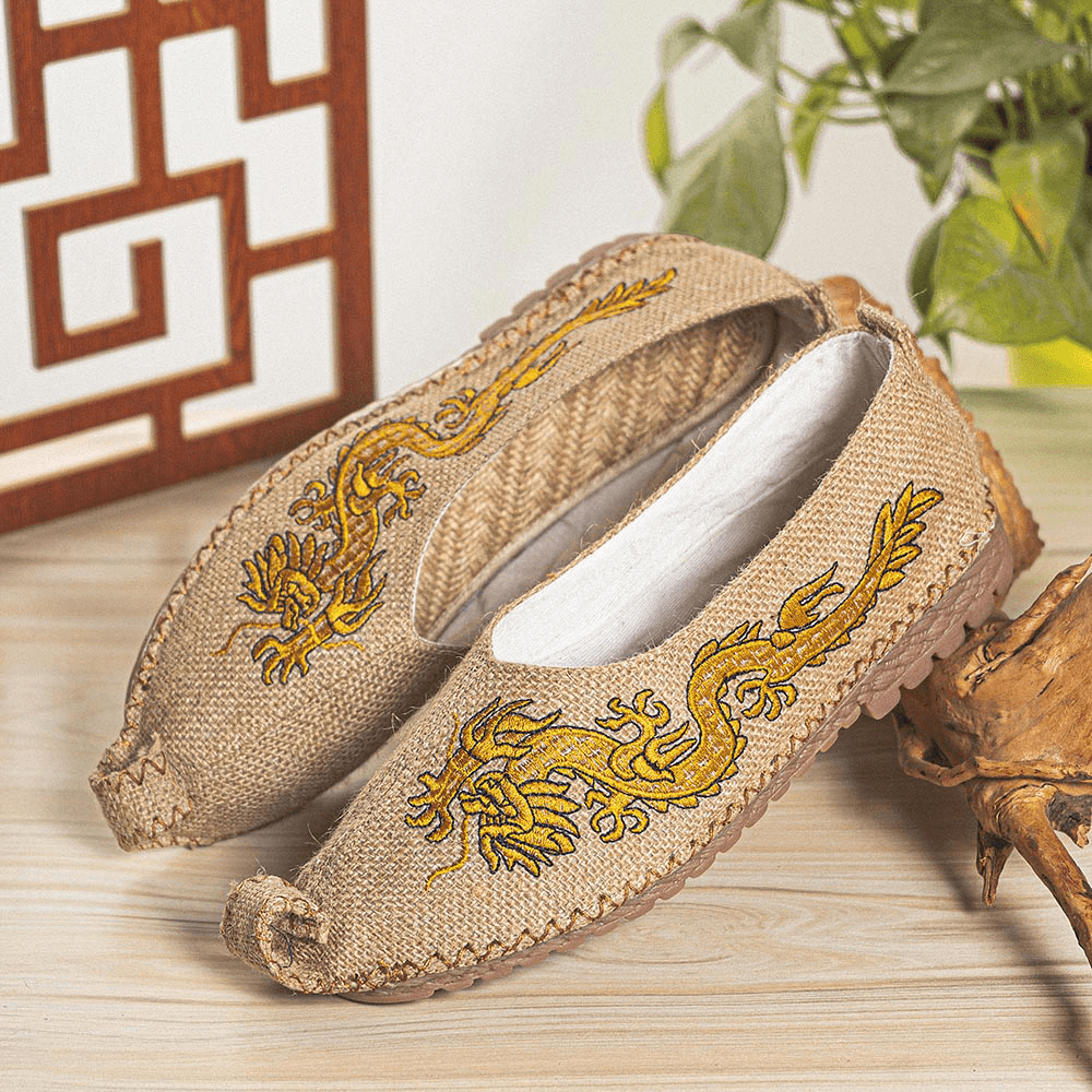 lovevop Men Breathable Non Slip Old Peking Dragon Embroidery Comfy Casual Linen Shoes