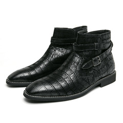 lovevop Men Fashion Comfy Embossed Leather Metal Buckle Strap Ankle Boots