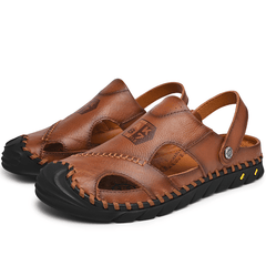 lovevop Men Anti-Collision Toe Cow Leather Hand Stitching Outdoor Water Sandals