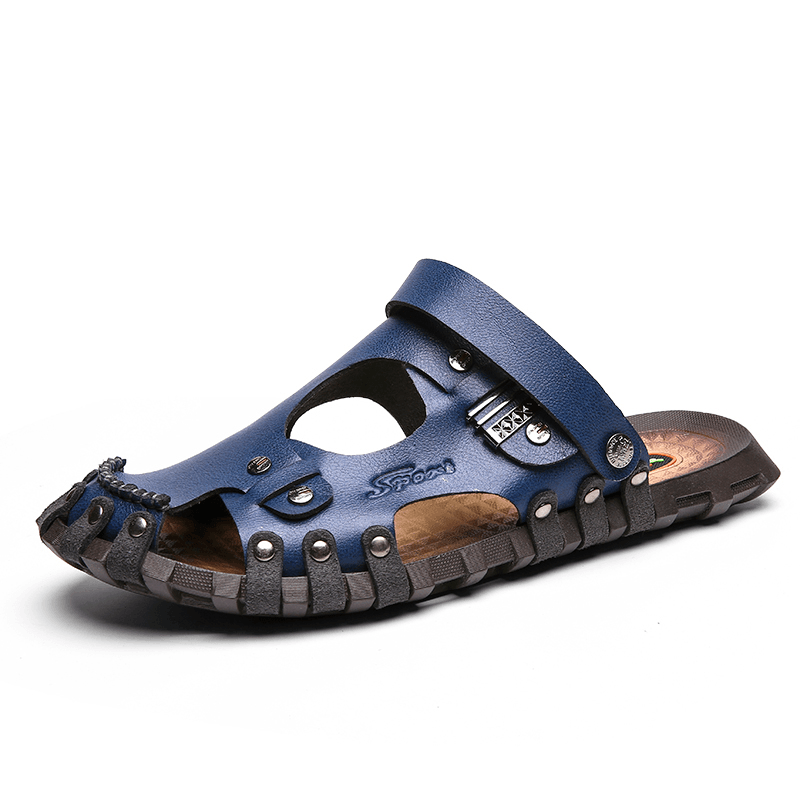 lovevop Men Genuine Leather Sandals Casual Two-Ways Breathable Slippers