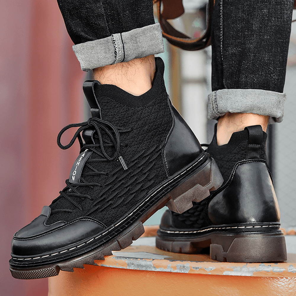 lovevop Men Knitted Fabric Breathable Non Slip Casual Tooling Boots