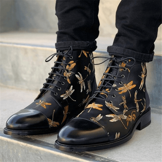 lovevop Men British Style Cap Toe Splicing Dragonflies Printed Cloth Ankle Jack Boots