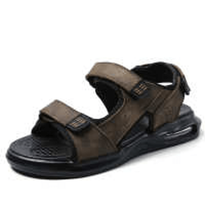 lovevop Men Outdoor Sport Cushioned Comfy Hook Loop Leather Beach Sandals