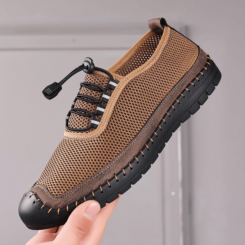 lovevop Men Mesh Breathable Hollow Out Hand Stitching Soft Bottom Closed Toe Casual Shoes