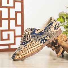 lovevop Men Hollow Out Woven Breathable Non Slip Chinese Style Pattern Casual Canvas Shoes