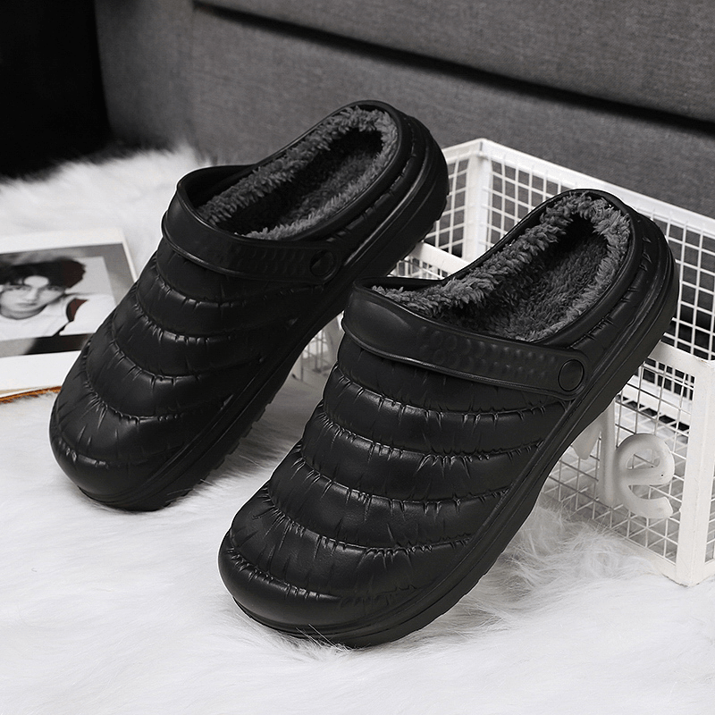 lovevop Men Waterproof Cloth Plush Warm Lined Comfy Slip on Home Slippers