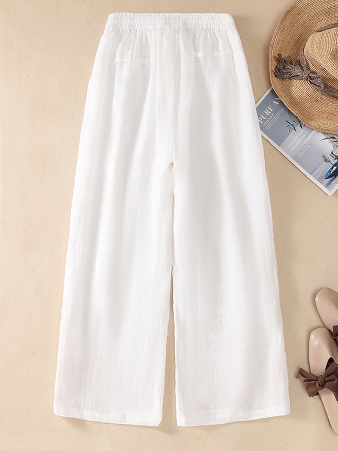 Lovevop Cotton Lace Stitching High Waisted Casual Wide Leg Pants