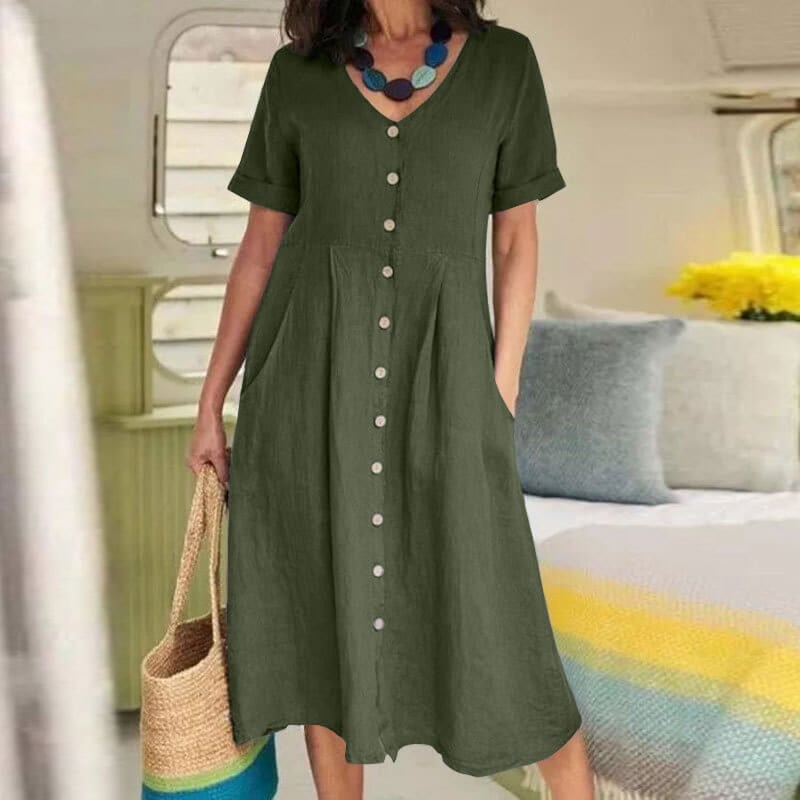 Solid colour loose high waist cotton linen dress