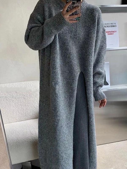 lovevop Side Slit Loose Long Knitted Sweater Dress
