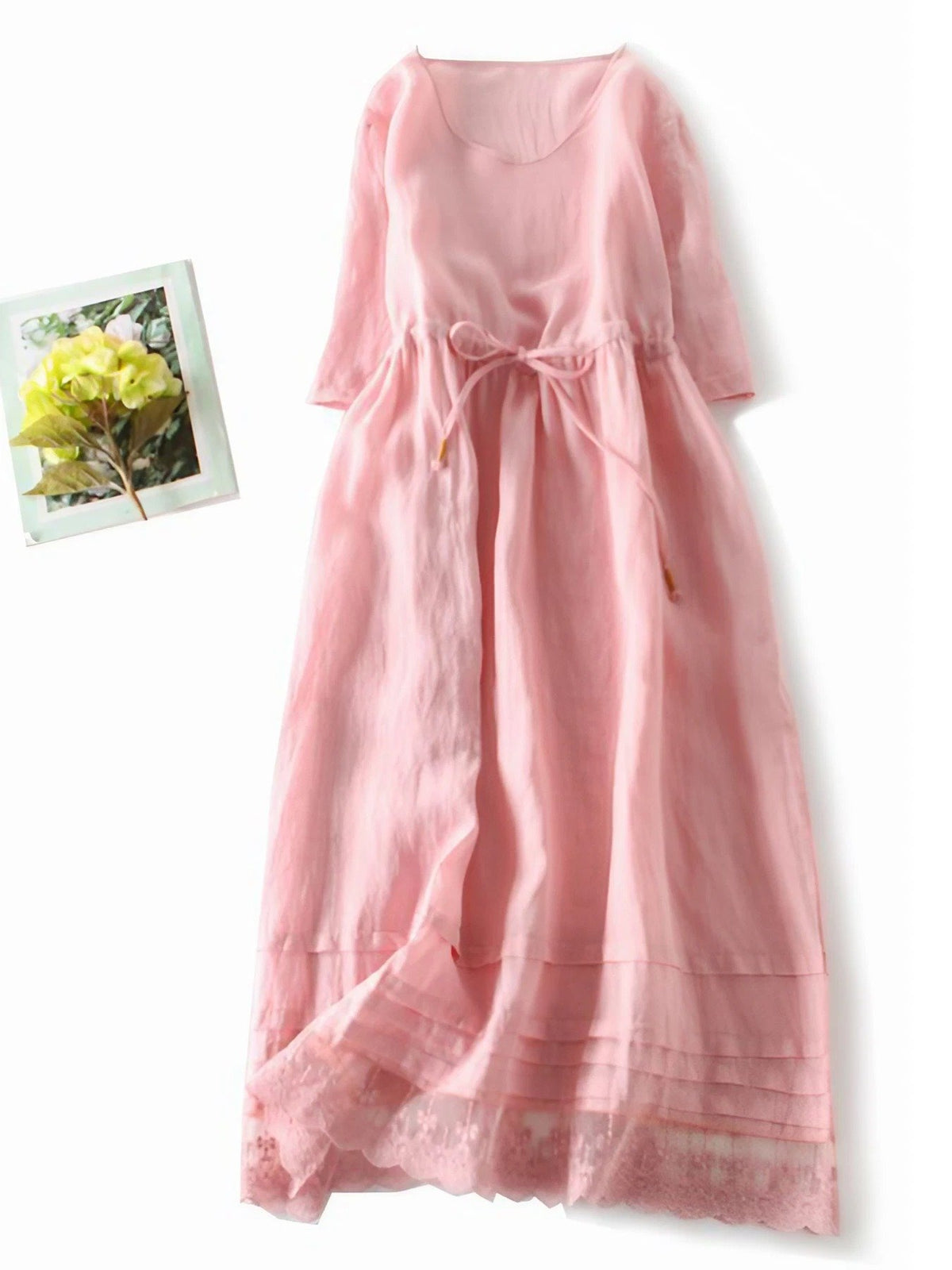 Lovevop Cotton And Linen Lace Up Round Neck Loose Dress