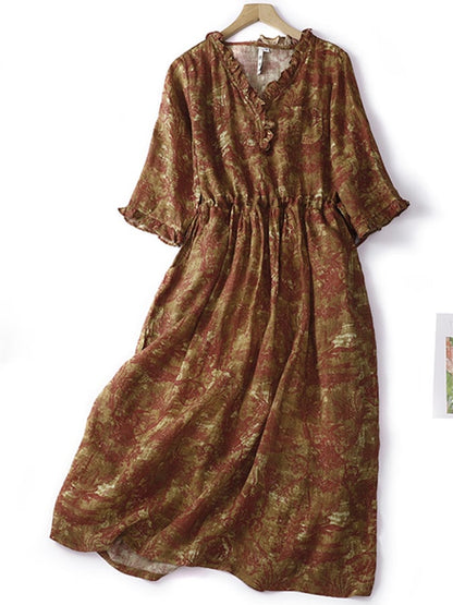 Lovevop Cotton And Linen Printed Loose Side Of Fungus Waistband Dress