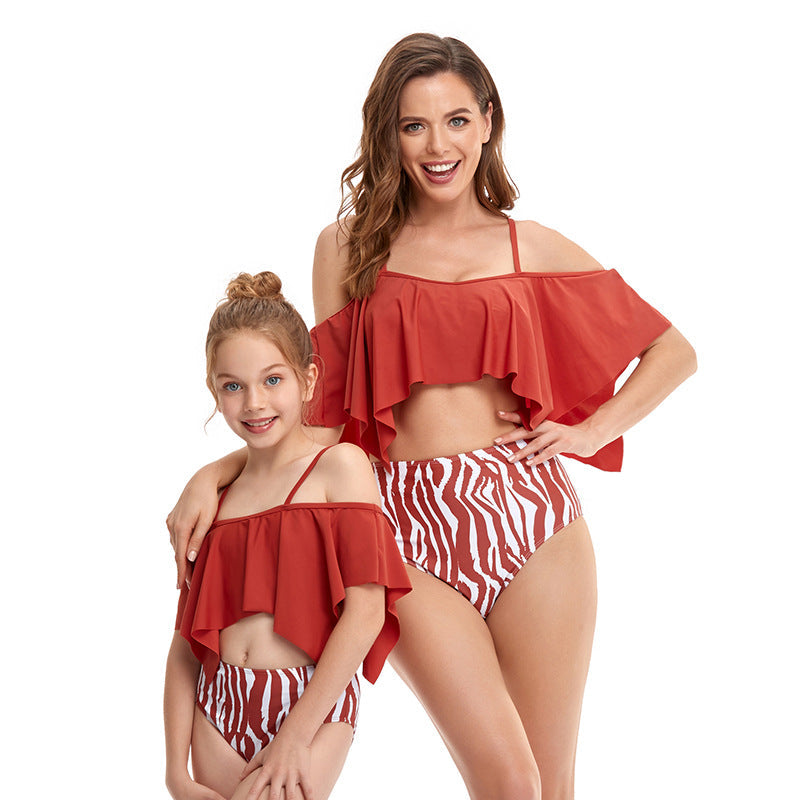 「🎁Father's Day Sale - 50% Off」 - Off Shoulder Top & Stripe Bottom Mommy and Me Swimsuit