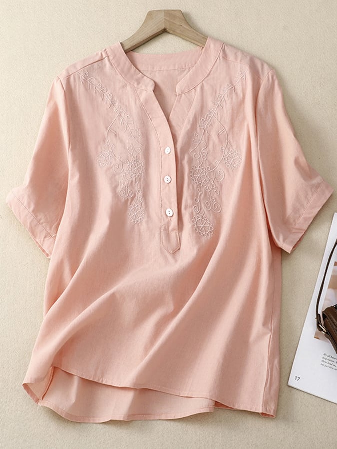 Lovevop Casual Short Sleeved Embroidered Half Open Collar Shirt