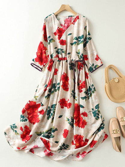 Lovevop Elegant Printed V-Neck Waist Up Dress