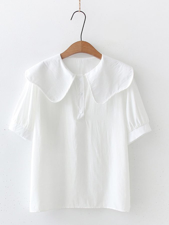 Lovevop Fresh And Sweet Solid Color Lotus Collar Short Sleeve Shirt