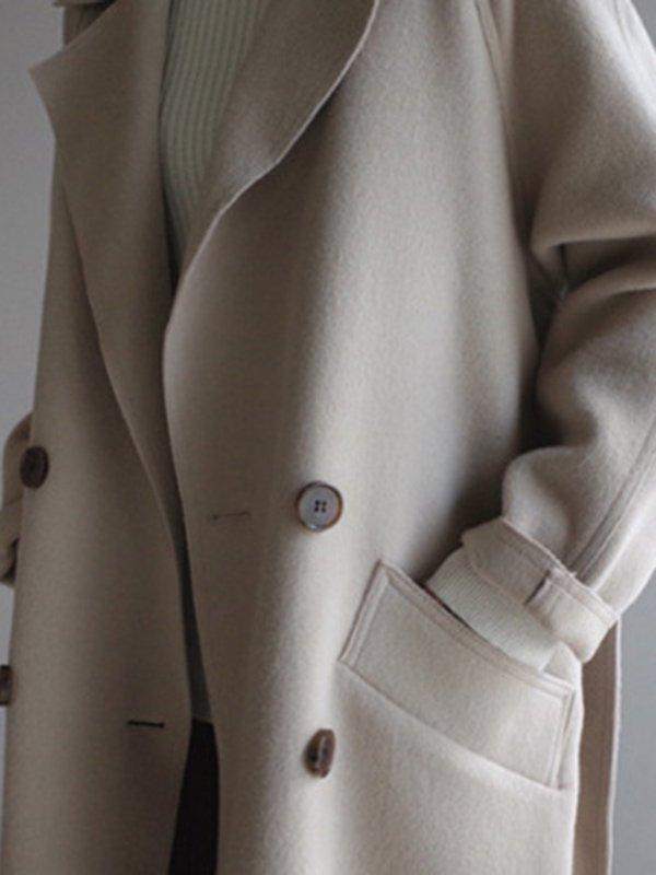 lovevop Urban Loose Solid Color Belted Woolen Coat