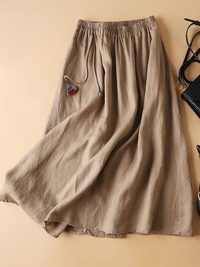 Lovevop Cotton Linen Loose Casual Elastic Waist Skirt