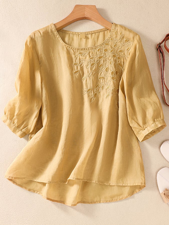 Lovevop Solid Color Round Neck Embroidered Casual Top