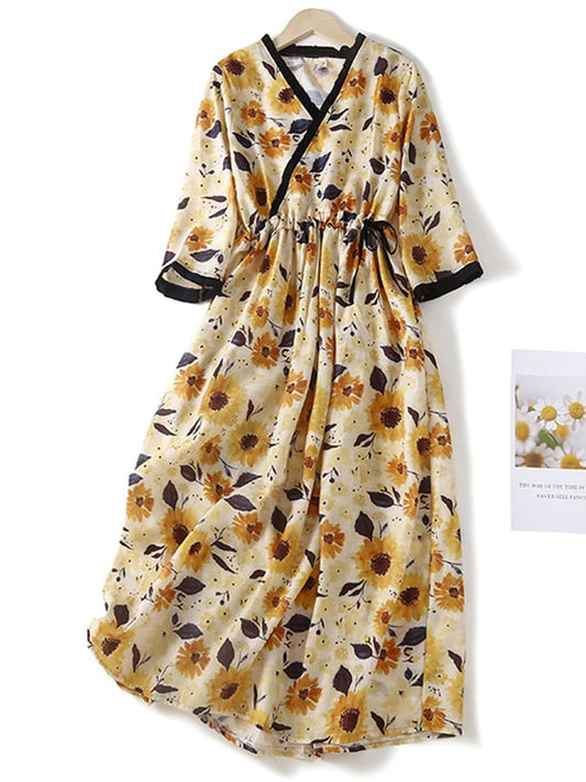 Lovevop Printed V-Neck Elastic Waist Tie Up Dress