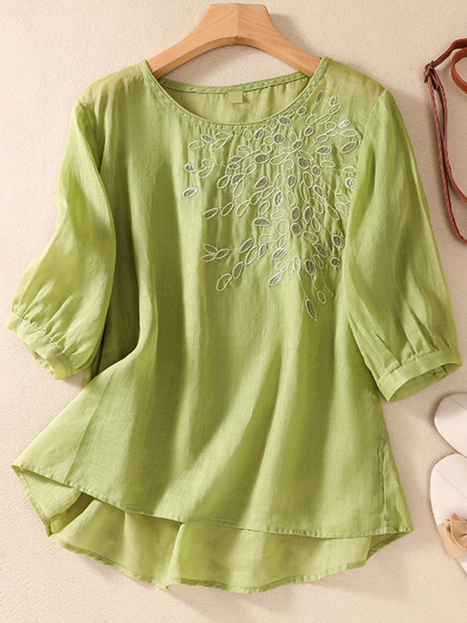 Lovevop Solid Color Round Neck Embroidered Casual Top