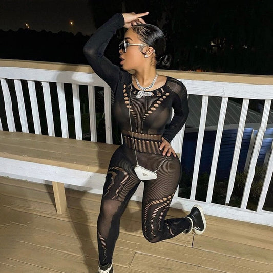 Sexy Mesh Hollow Out See Through Jumpsuits Women Transparent Long Sleeve Rompers Club Party Tights Elastic One Piece Pant