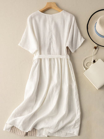 Lovevop Linen And Cotton Striped Panel Dress