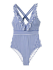 Striped-Print Ruffled Swimsuit