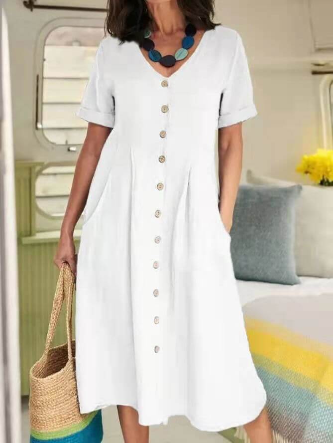 Solid colour loose high waist cotton linen dress
