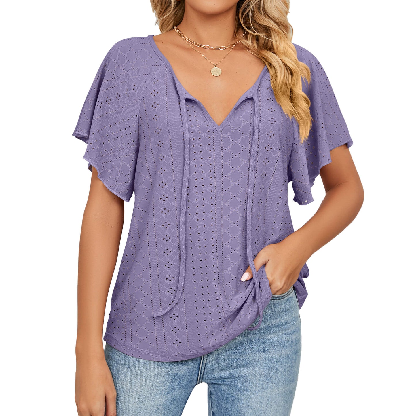 Women's solid colour V-neck lace-up loose t-shirt