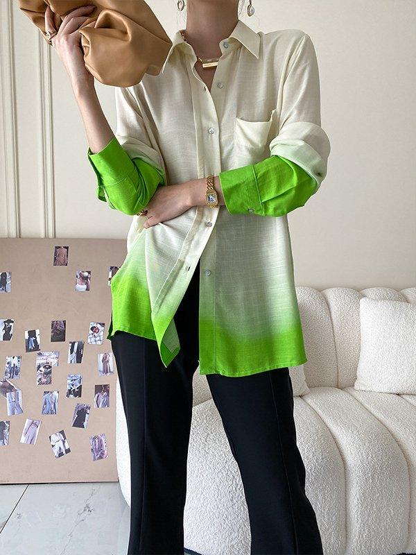 lovevop Stylish Loose Long Sleeves Buttoned Contrast Color Gradient Blouses