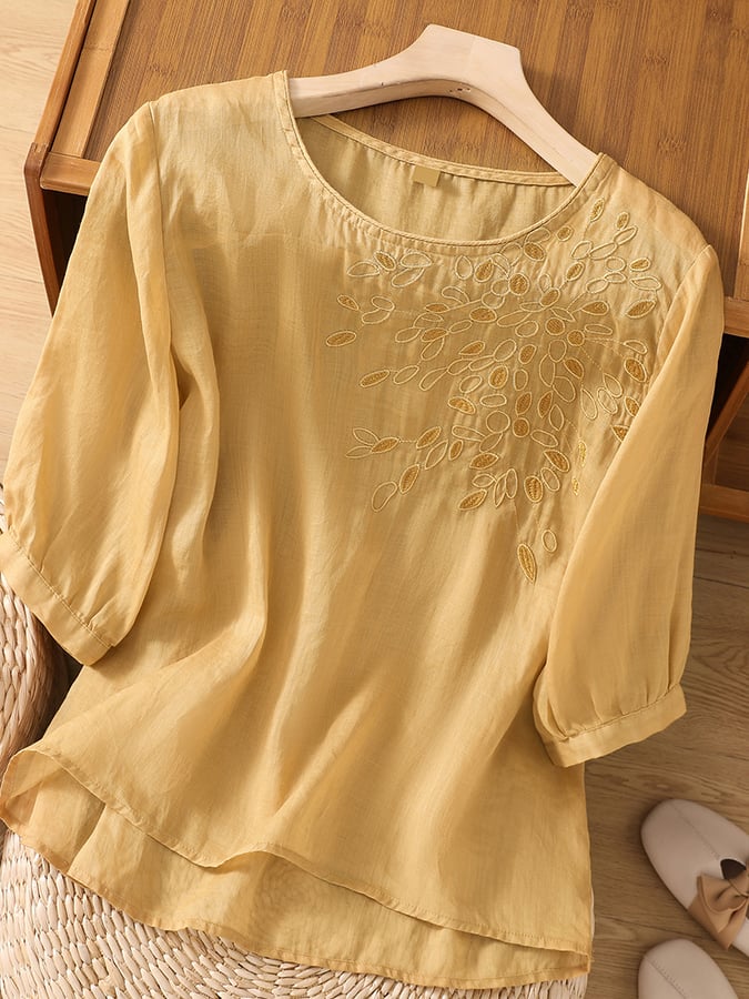 Lovevop Solid Color Round Neck Embroidered Casual Top