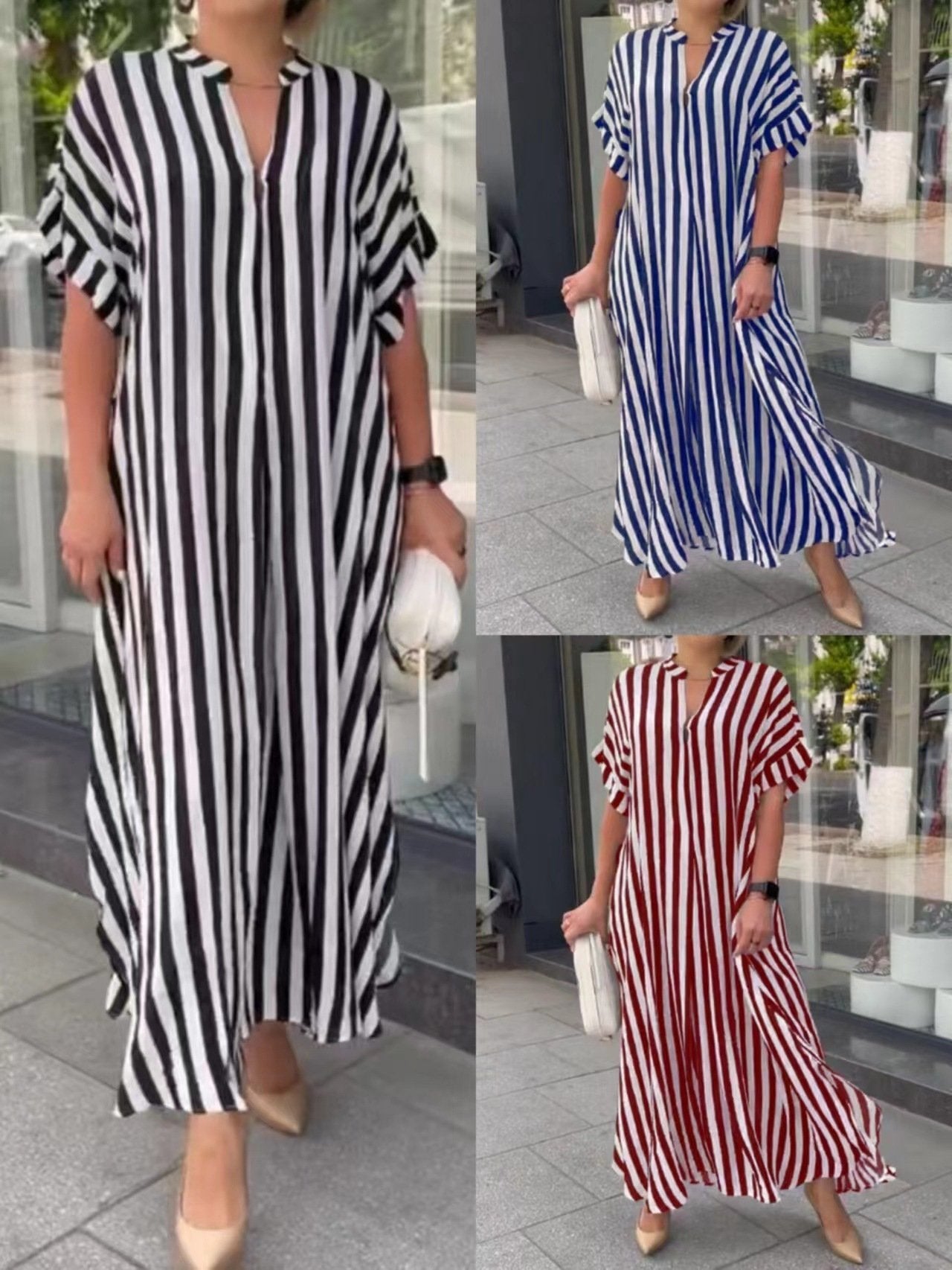 WOMEN'S V-NECK STRIPED PRINT DRESS