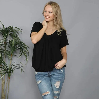 Solid Color Pleat Design T-shirt Top