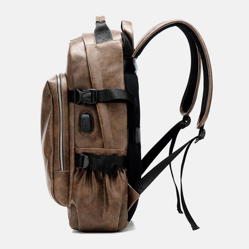 lovevop Men PU Leather USB Charging Business Casual Waterproof 14 Inch Laptop Bag Student School Bag Adjustable Backpack