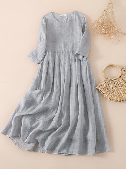 Lovevop Ramie Solid Loose Pleated Dress