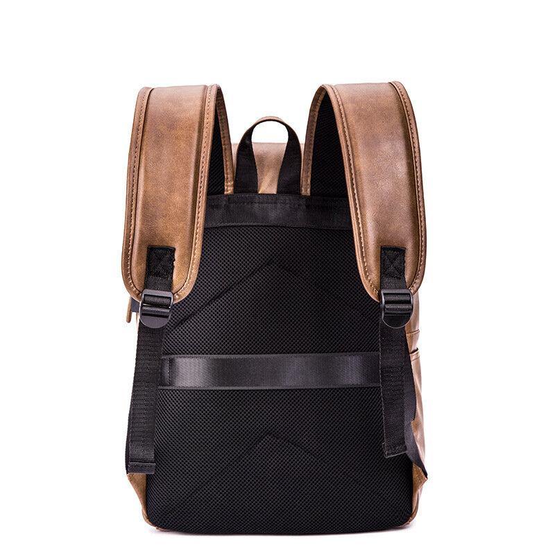 lovevop Men PU Leather Retro Business Casual Style Large Capacity 14 Inch Laptop Bag Student School Bag Travel Backpack