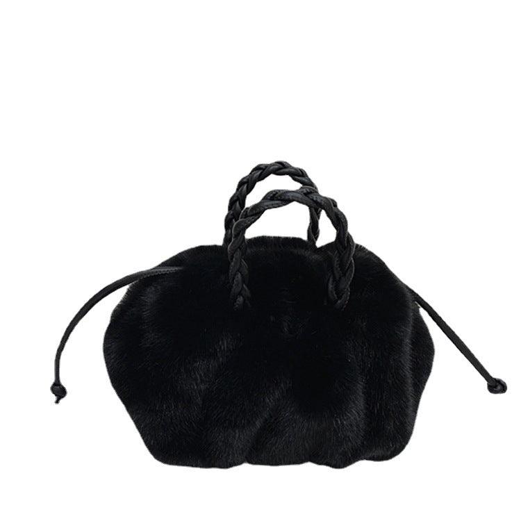 lovevop Leather Mink Fur Pleated Cloud Bag