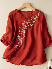 Lovevop Fashion Embroidered V-Neck Cotton Shirt