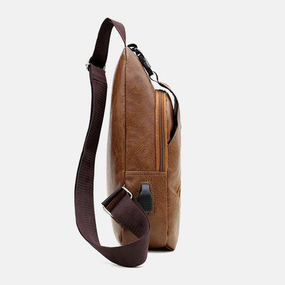 lovevop Men Faux Leather USB Charging Earphone Travel Retro Business Chest Bag Crossbody Bag