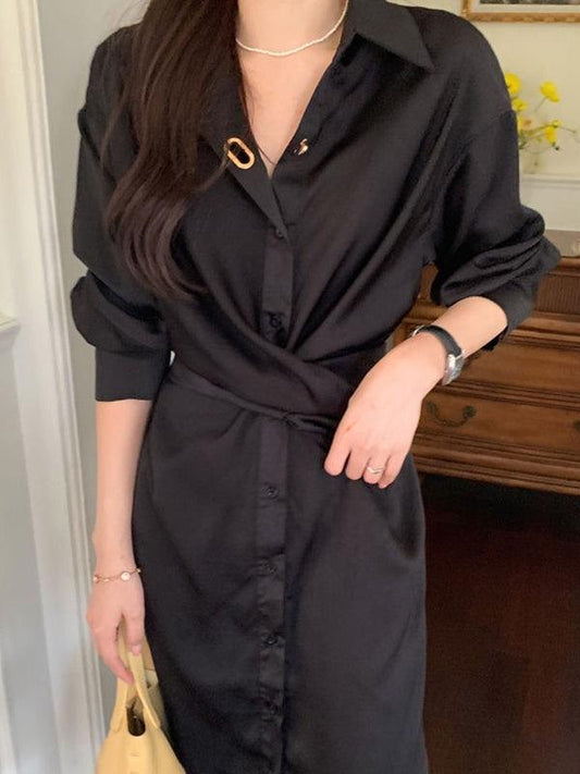 lovevop Lapel Cross-Tie Balloon Sleeve Shirt Dress