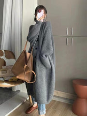 lovevop Solid Color Coat Mid Length Turtleneck Cardigan Sweater