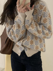 lovevop Floral Round Neck Long Sleeve Loose Sweater Cardigan