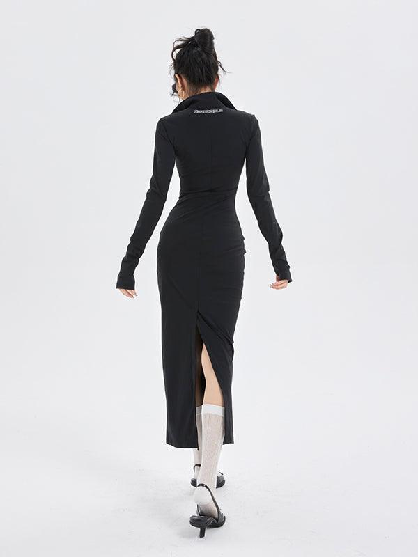 lovevop Fashionable Black Knitted Long-sleeve Bottoming Slit Dress