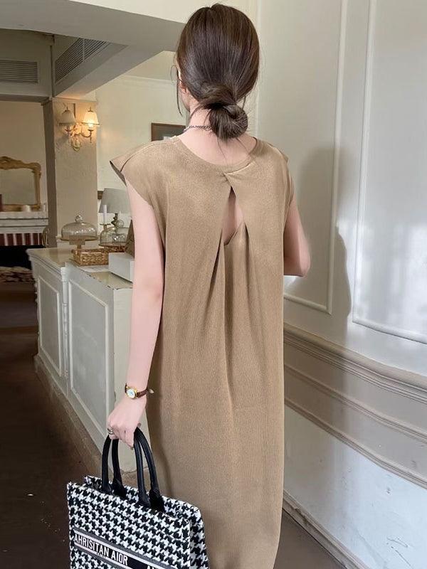 lovevop Simple Round-neck Open Back Hollow Sleeveless Dress