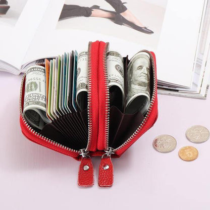 elvesmall Genuine Leather RFID Double Zipper 11 Card Holder Coin Bag