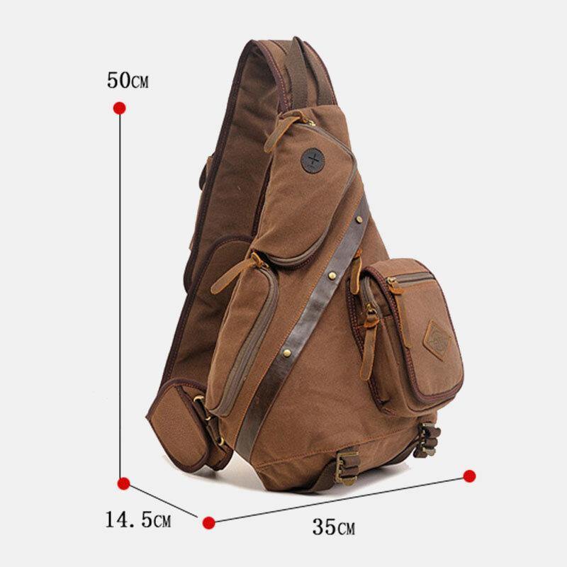 lovevop Men Genuine Leather And Canvas Travel Outdoor Carrying Bag Multi-pocket Crossbody Bag Chest Bag