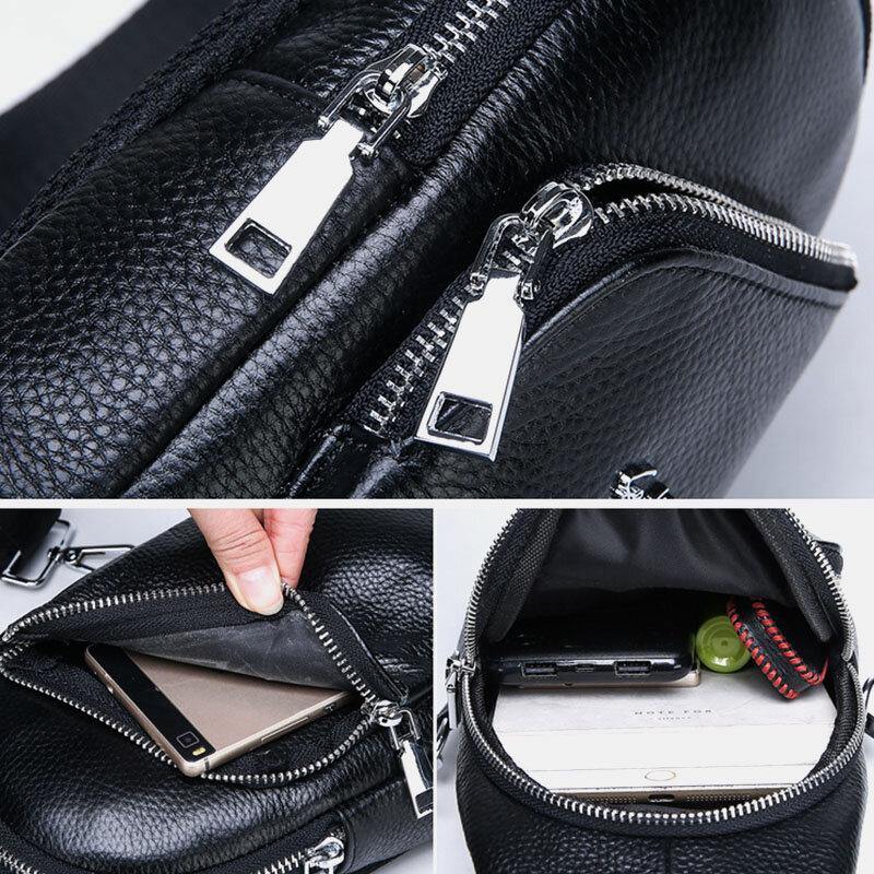 lovevop Men Cowhide Genuine Leather Multi-Pocket Double Zipper Breathable Retro Chest Bags Crossbody Bag Shoulder